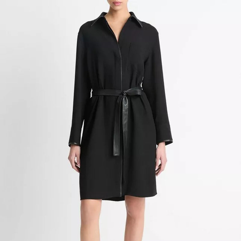 vince leather sleeve dress Vince Knit Sheath Knit Dress Short Leather Sleeves Black Size 2