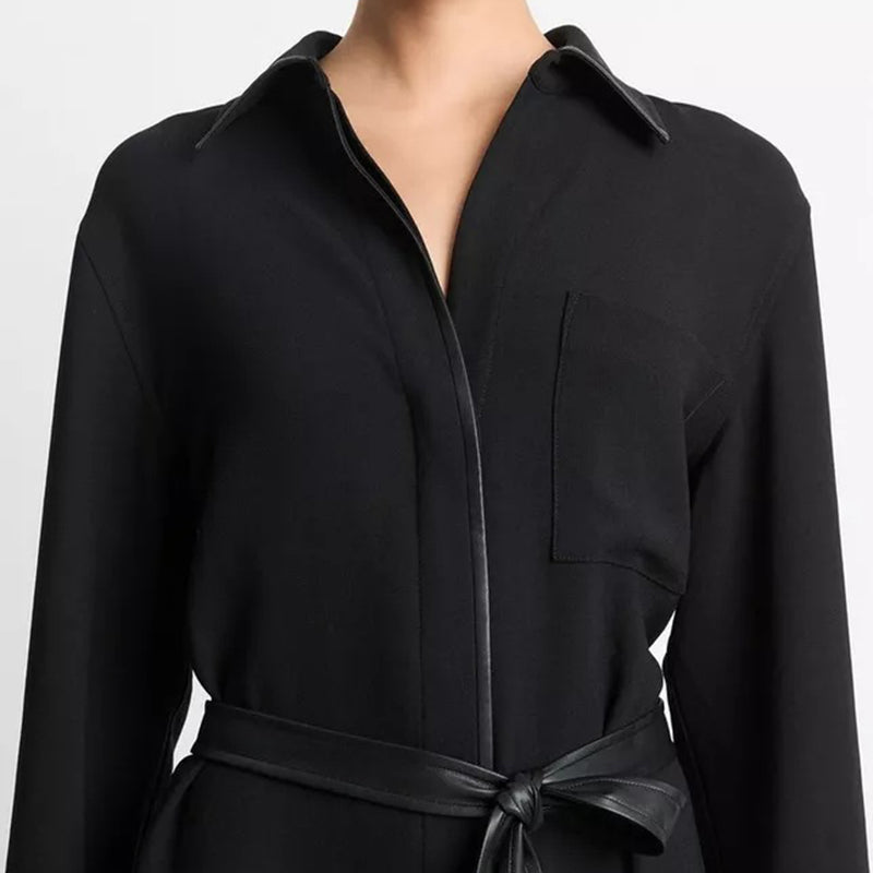 vince leather trim dress Women's Faux-Leather-Trim Crepe Shirt dress, Black, Size L
